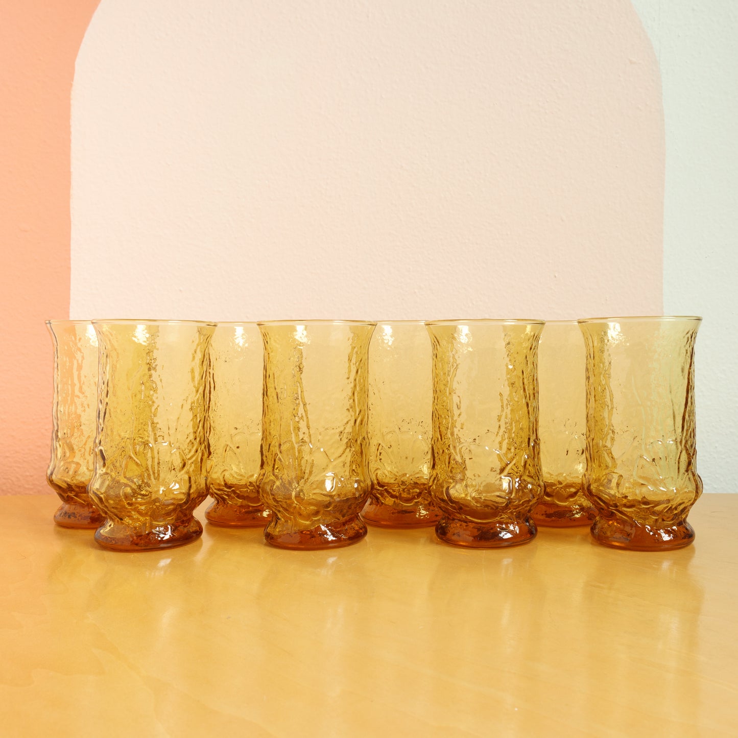 Anchor Hocking Rainflower Amber Flat Tumblers Vintage Mid Century Modern 1960s