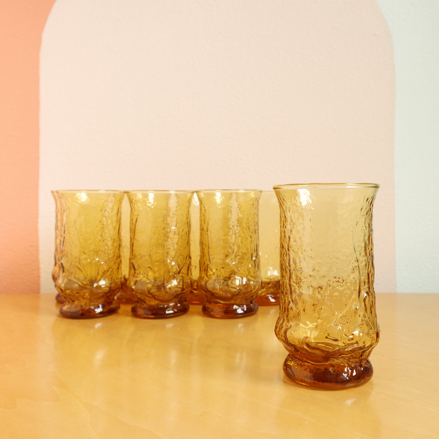 Anchor Hocking Rainflower Amber Flat Tumblers Vintage Mid Century Modern 1960s