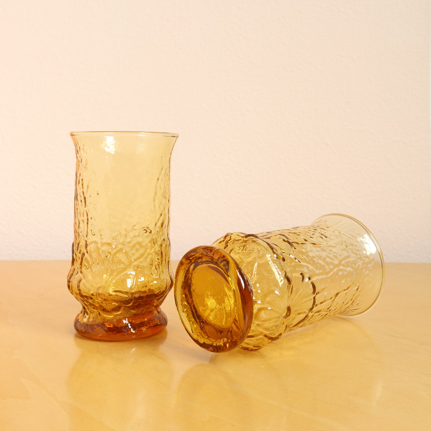 Vintage Glasses Tumblers Amber Yellow Gold Textured Bamboo Mid 