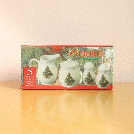 EHI Evergreen Vintage Ceramic Christmas Tree Creamer Sugar Salt Pepper Shaker Set