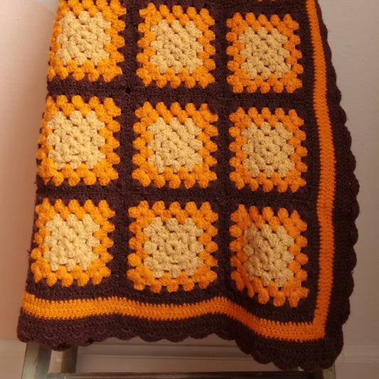 Crochet Granny Square Afghan Blanket - Orange, Cream & Brown
