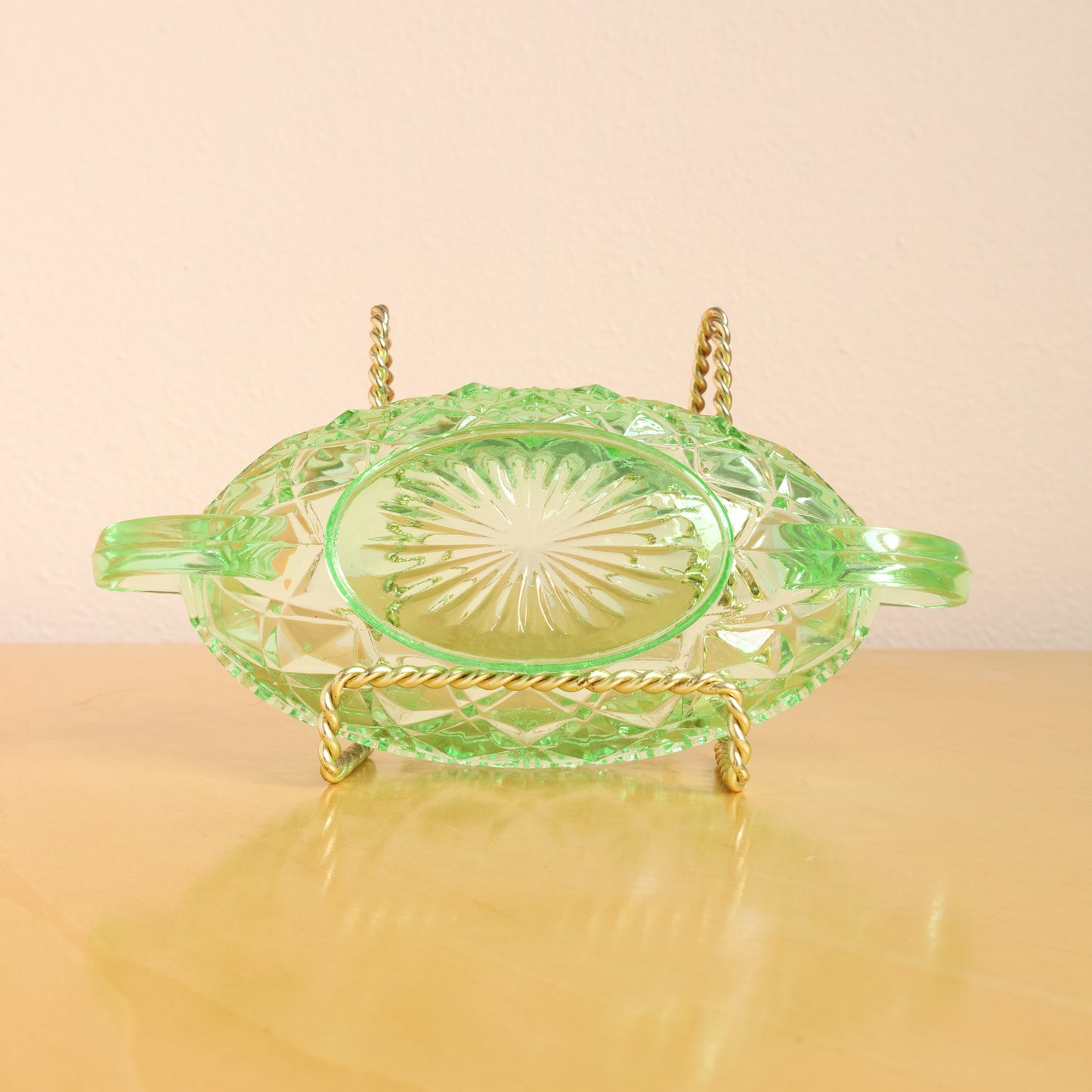 Imperial Uranium Glass Diamond Block Green Pickle Dish & Ladle
