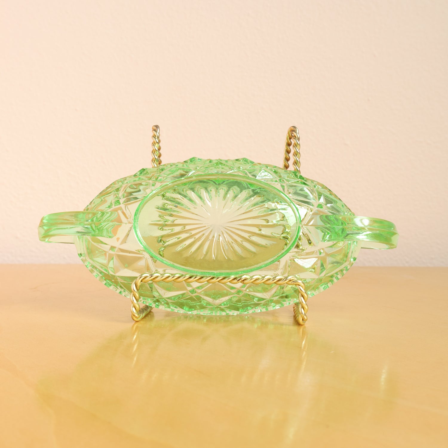 Imperial Uranium Glass Diamond Block Green Pickle Dish & Ladle