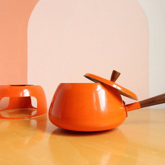 Vintage 1970s Orange Enamel Metal Fondue Pot with Wood Handle on matching stand
