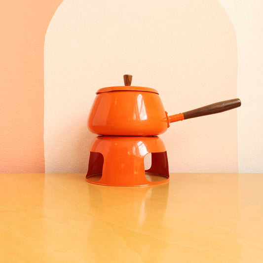 Vintage 1970s Orange Enamel Metal Fondue Pot with Wood Handle on matching stand