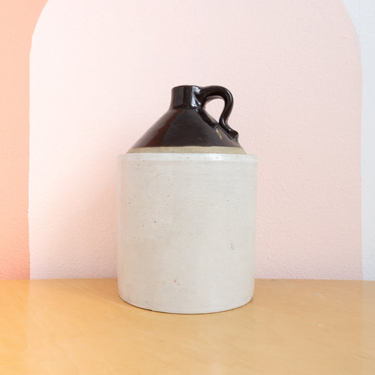 vintage stoneware handle jug white and brown glaze
